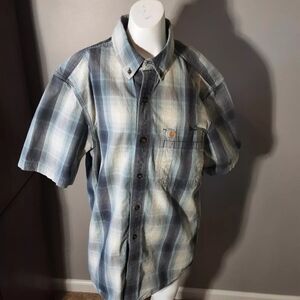 Men's Medium Carhartt Relaxed Fit Button Up Blue Plaid Short Sleeve Shirt